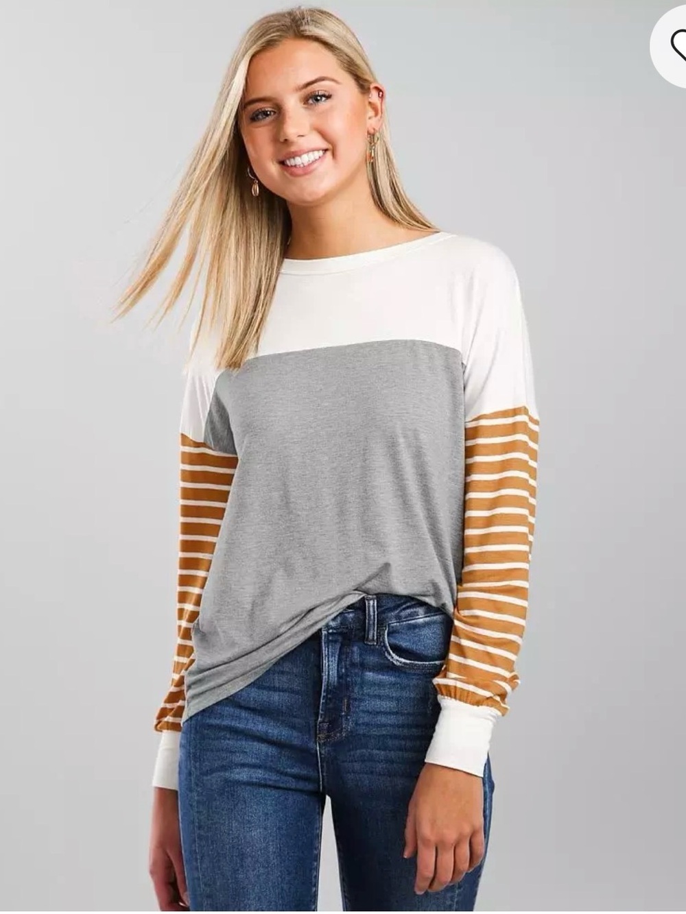 BKE Colorblock Long-Sleeve Top in White, Gray & Camel